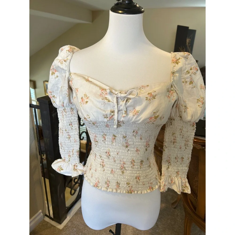 Reformation‎ Linen Floral Smocked Puff Sleeve Top Cream Sweetheart Neck Size S
